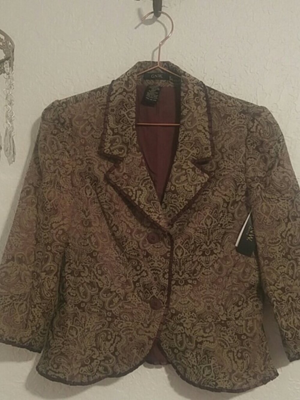 GNW SZ M Brown & Green Brocade Blazer With Satin Ruffled Trim